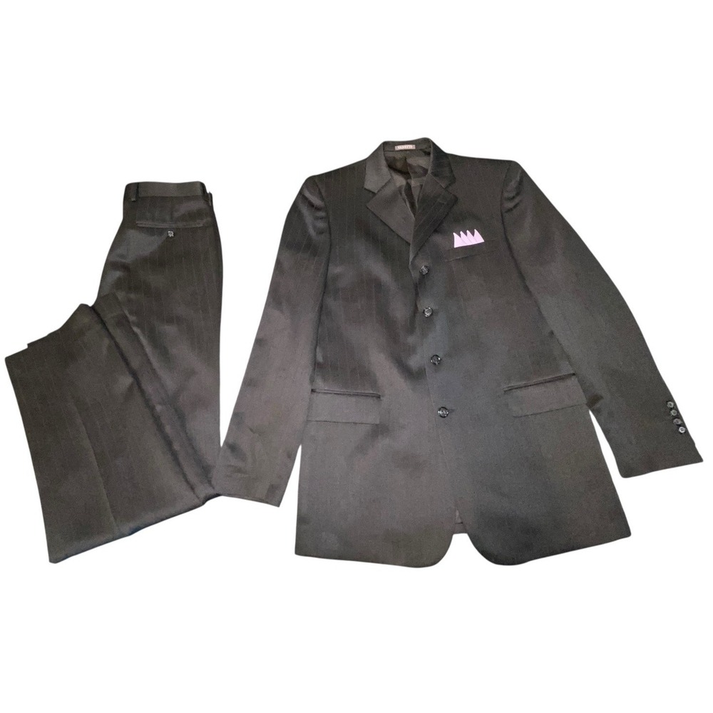 Black Pinstripe 2-Piece Vanetti Suit Size 40L Slacks 34X33  100% Polyester‎